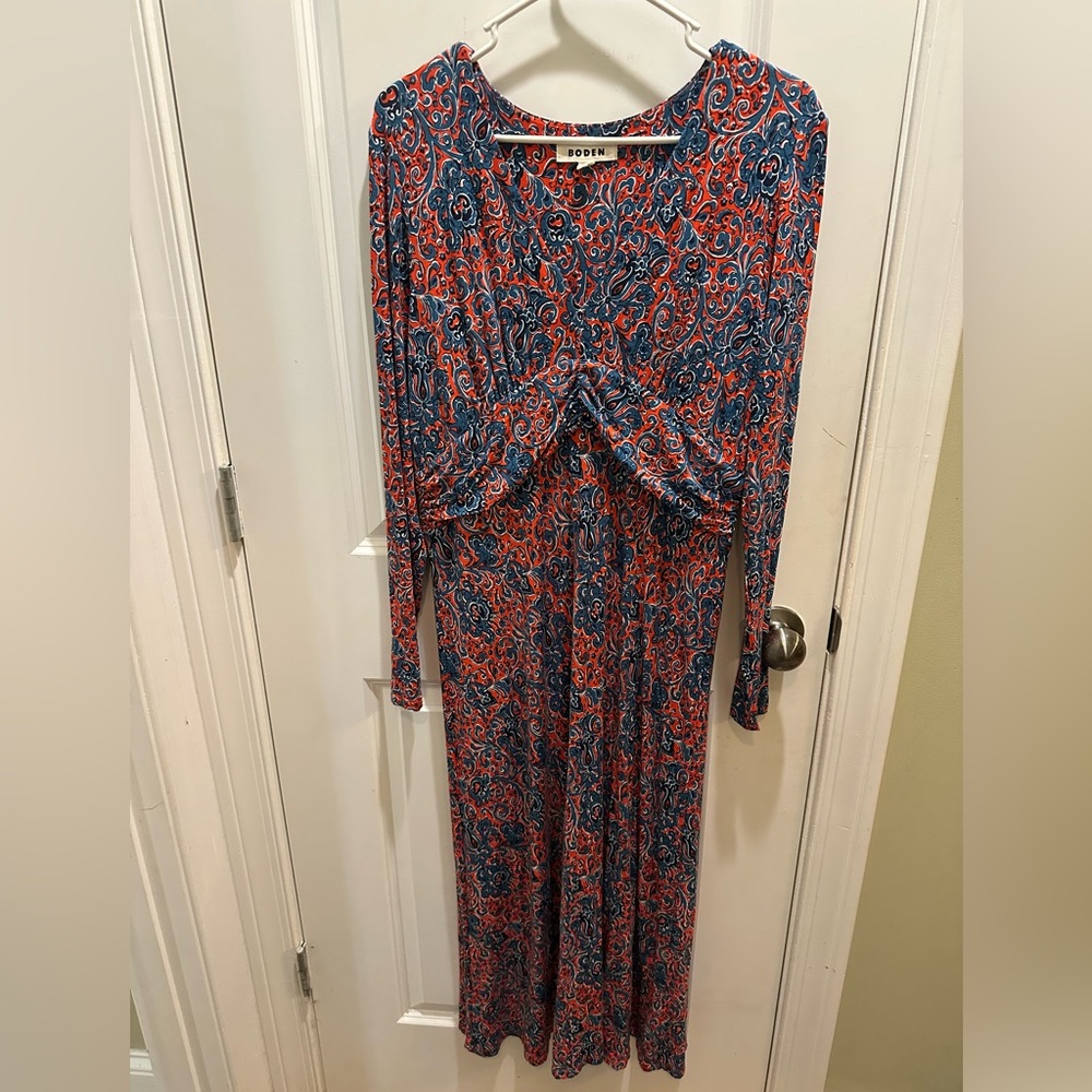 BODEN Elodie Empire Midi Dress Size 14R Red Blue Stretch Long Sleeve - Picture 2 of 4